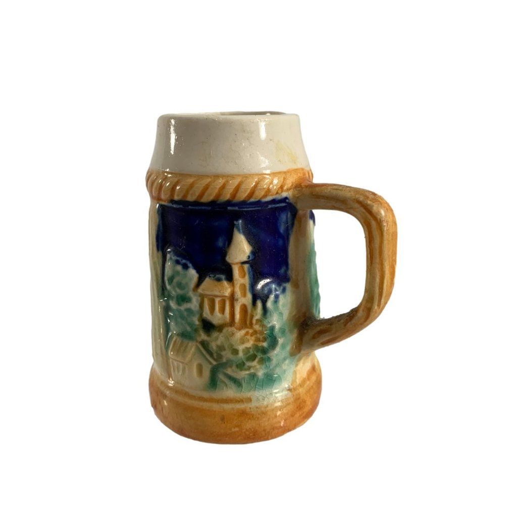 Vintage Miniature Beer Stein 3" Made in Japan Ceramic Blue Green Tan Collectible